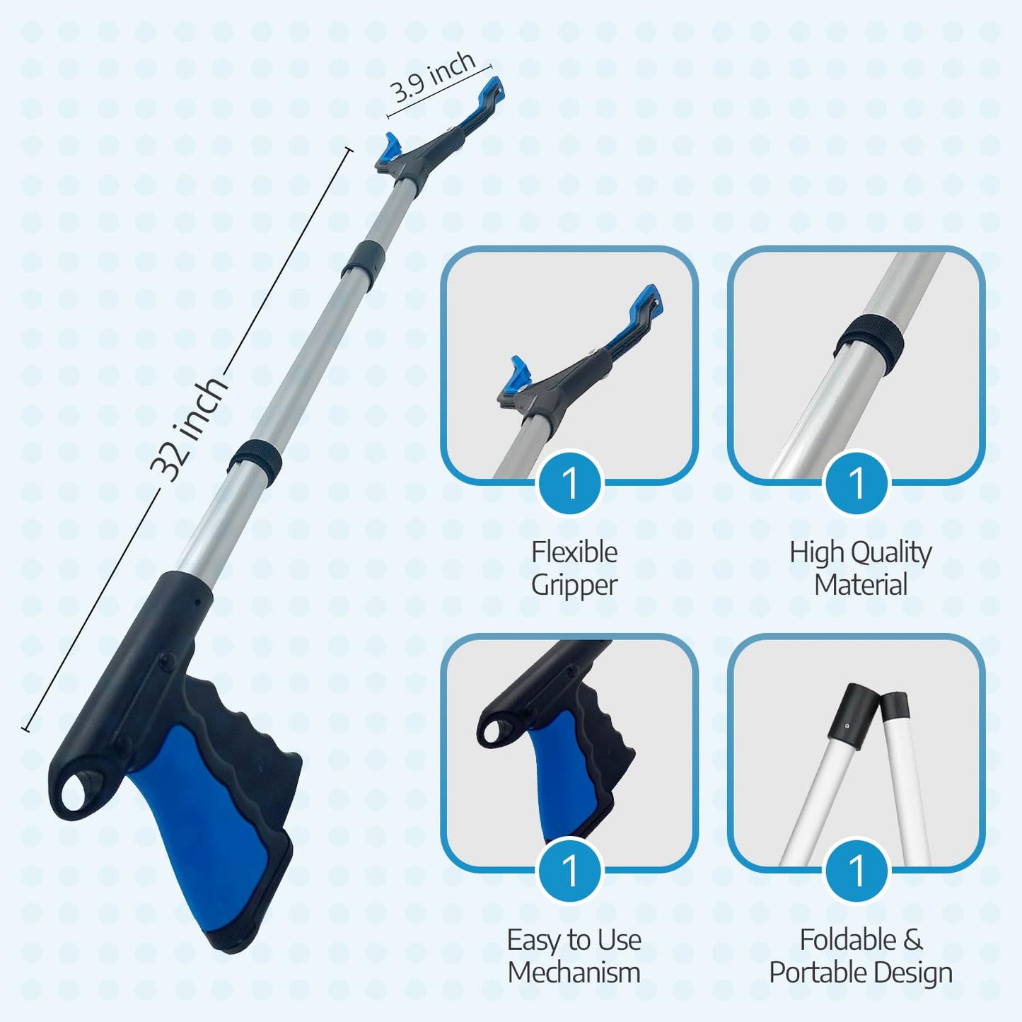 2024 Upgrade PowerGrip T9, Grabber Reacher Tool, Wide Jaw, Foldable, Steel Cable, with 96 Grip Points for Firm Grip, 32" with Magnet