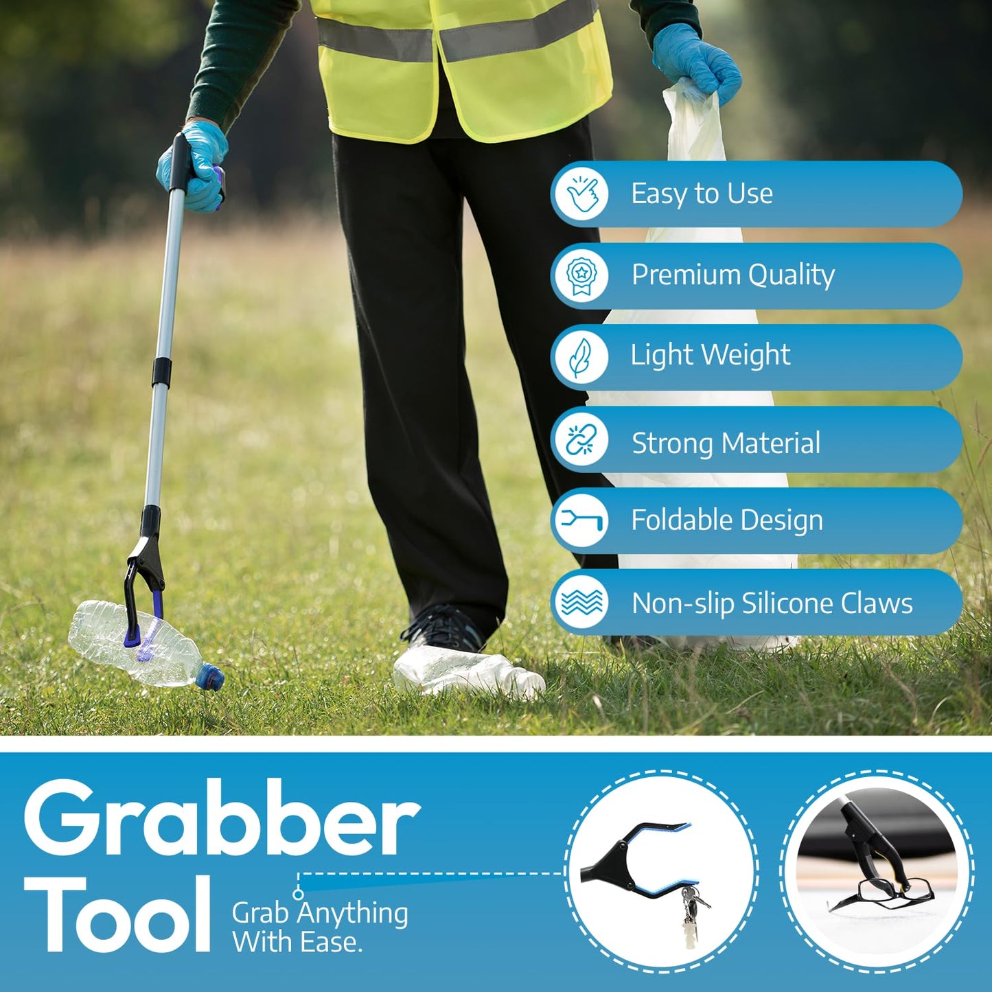 2024 Upgrade PowerGrip T9, Grabber Reacher Tool, Wide Jaw, Foldable, Steel Cable, with 96 Grip Points for Firm Grip, 32" with Magnet